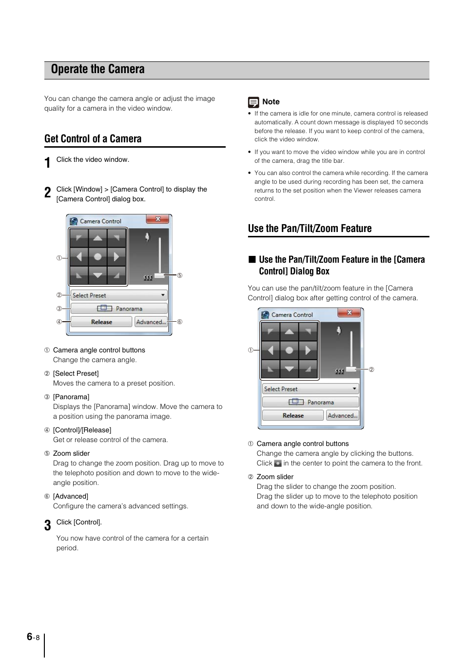 Operate the camera, Get control of a camera, Use the pan/tilt/zoom feature | Operate the camera -8, Get control of a camera -8, Use the pan/tilt/zoom feature -8, Mera (p. 6-8), Ure (p. 6-8) | Canon VB-M600D User Manual | Page 70 / 104