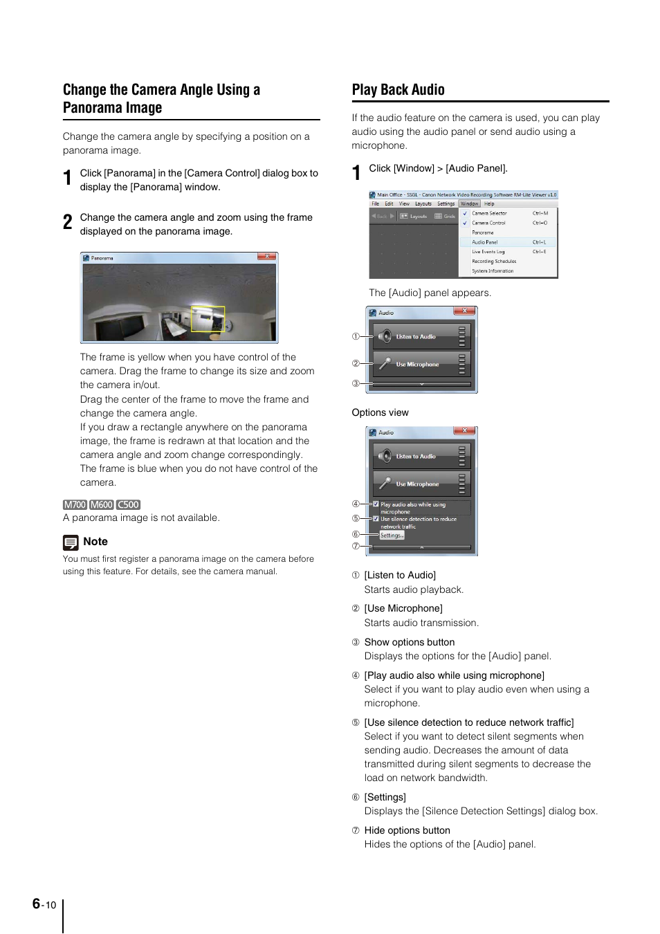 Change the camera angle using a panorama image, Play back audio, Change the camera angle using a panorama image -10 | Play back audio -10, E (p. 6-10), Io (p. 6-10) | Canon VB-M600D User Manual | Page 72 / 104