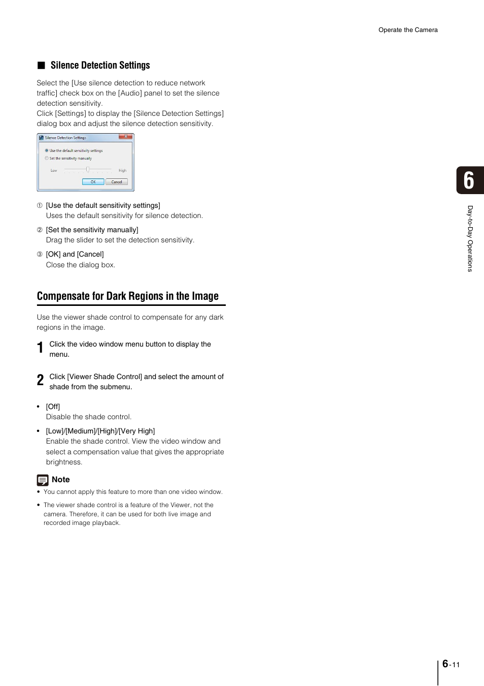 Compensate for dark regions in the image, Compensate for dark regions in the image -11, P. 6-11) | Silence detection settings | Canon VB-M600D User Manual | Page 73 / 104