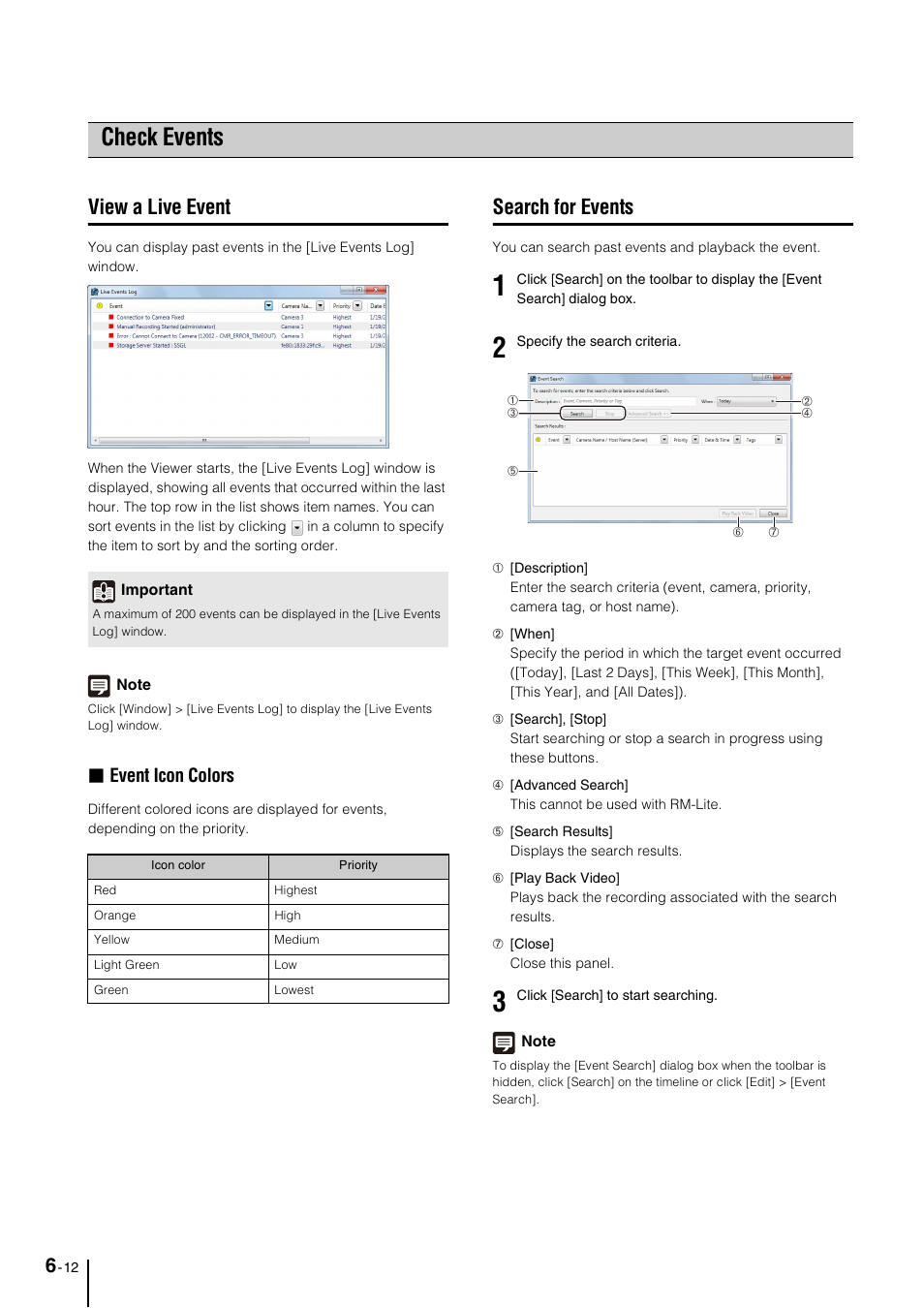 Check events, View a live event, Search for events | Check events -12, View a live event -12, Search for events -12, P. 6-12), S (p. 6-12), Event icon colors | Canon VB-M600D User Manual | Page 74 / 104