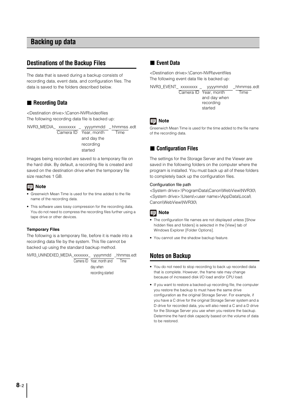 Backing up data, Destinations of the backup files, Notes on backup | Backing up data -2, Destinations of the backup files -2, Notes on backup -2, Recording data, Event data, Configuration files | Canon VB-M600D User Manual | Page 84 / 104