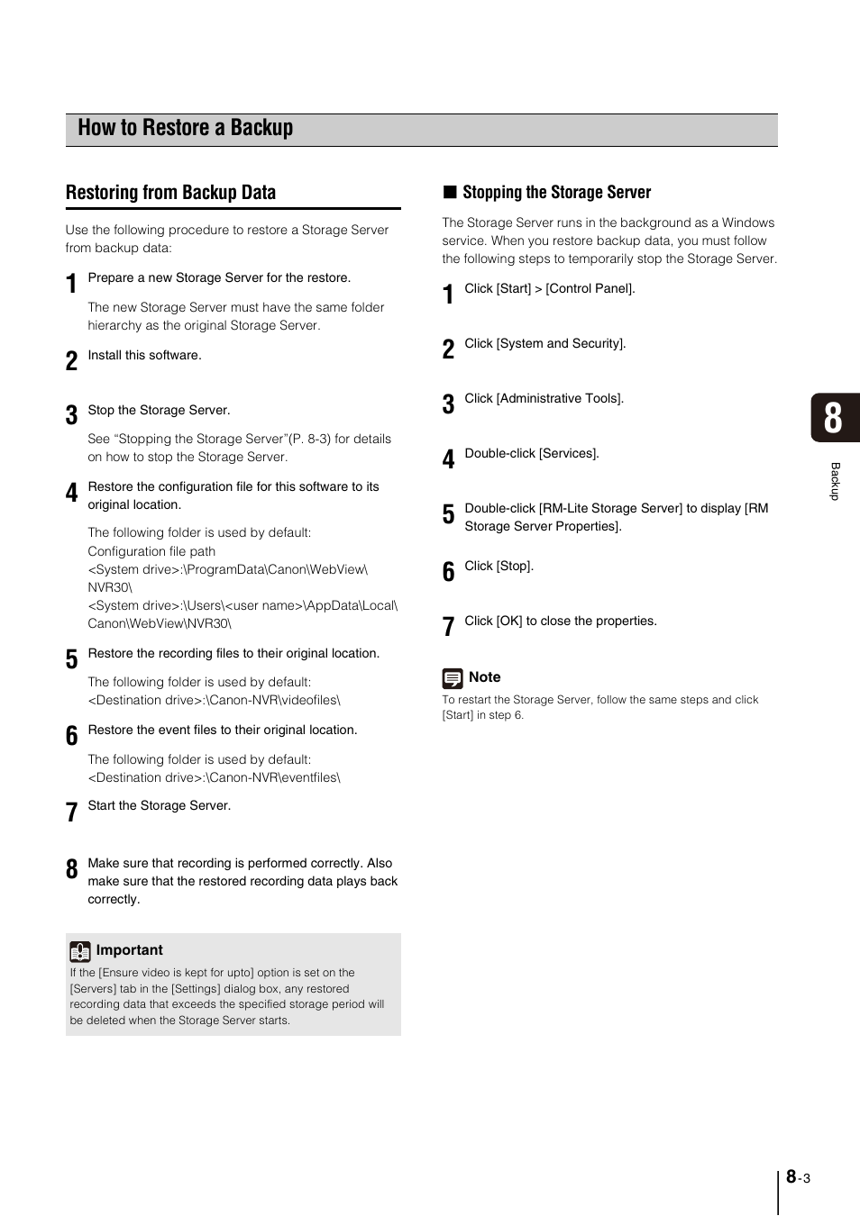 How to restore a backup, Restoring from backup data, How to restore a backup -3 | Restoring from backup data -3 | Canon VB-M600D User Manual | Page 85 / 104