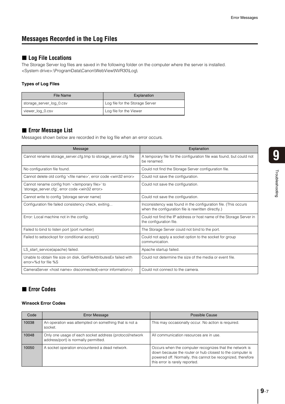 Messages recorded in the log files, Messages recorded in the log files -7, P. 9-7) | Log file locations, Error message list, Error codes | Canon VB-M600D User Manual | Page 93 / 104