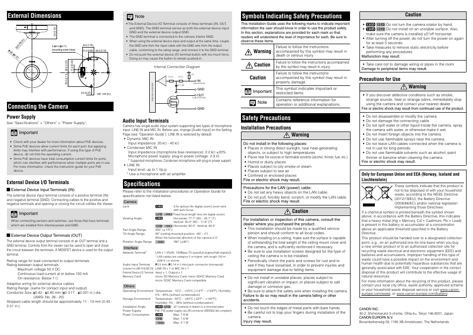 External dimensions, Connecting the camera, Specifications | Symbols indicating safety precautions, Safety precautions | Canon VB-S800D User Manual | Page 2 / 2