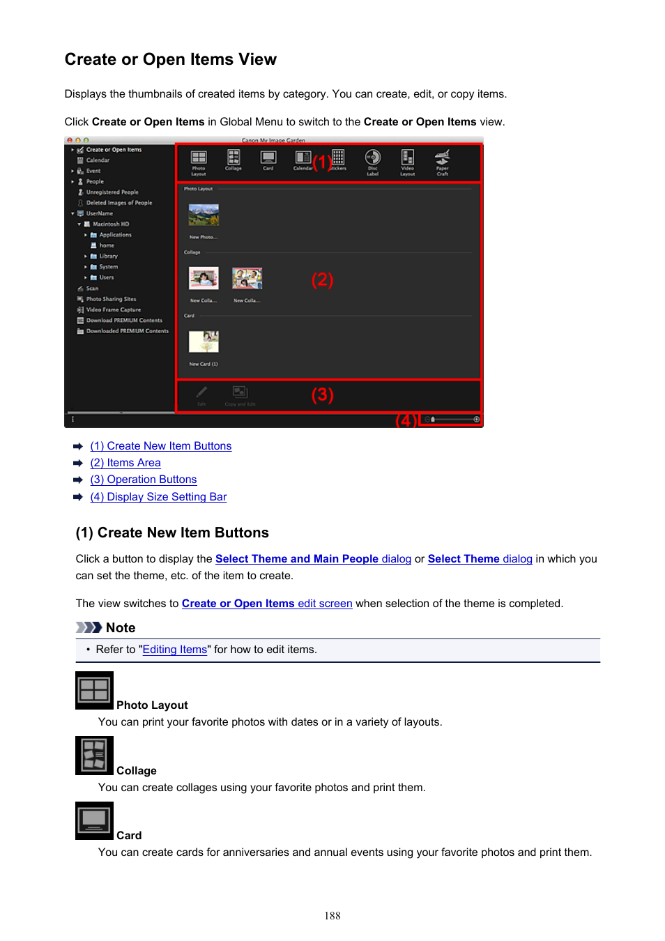 Create or open items view, Create or open, Items view | Switches to the, In which you can browse created items by category | Canon PIXMA MX395 User Manual | Page 188 / 300