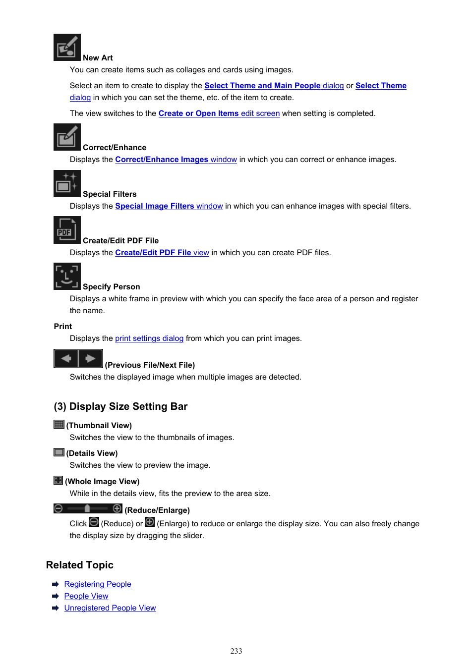 3) display size setting bar, Related topic | Canon PIXMA MX395 User Manual | Page 233 / 300