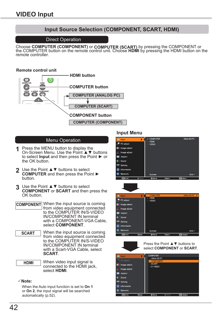 Input source selection (component, scart, hdmi), Input source selection, Component, scart, hdmi) | Video input | Canon LV-7392A User Manual | Page 42 / 84