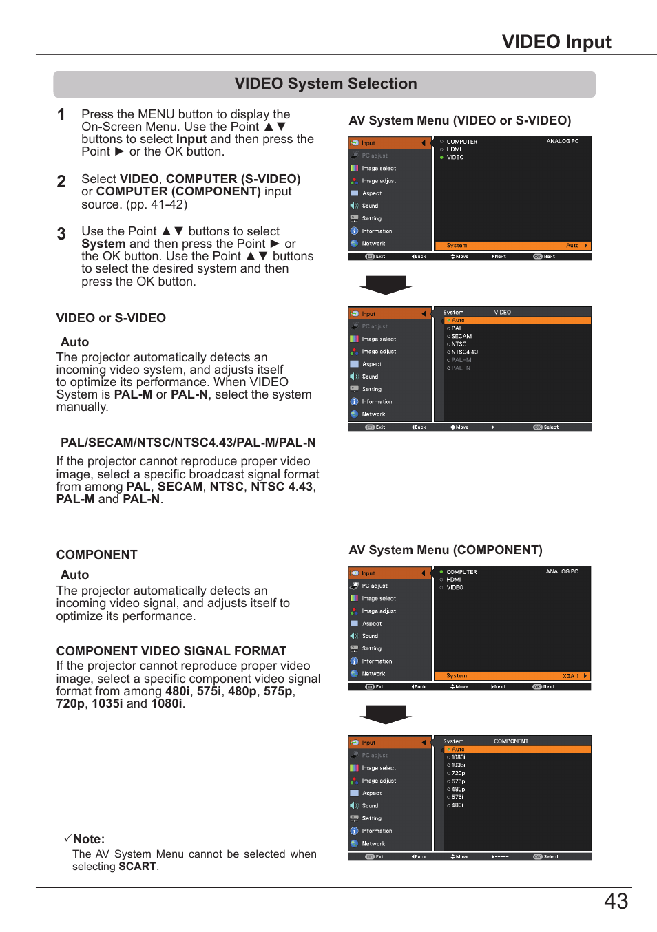 Video system selection, Video input | Canon LV-7392A User Manual | Page 43 / 84