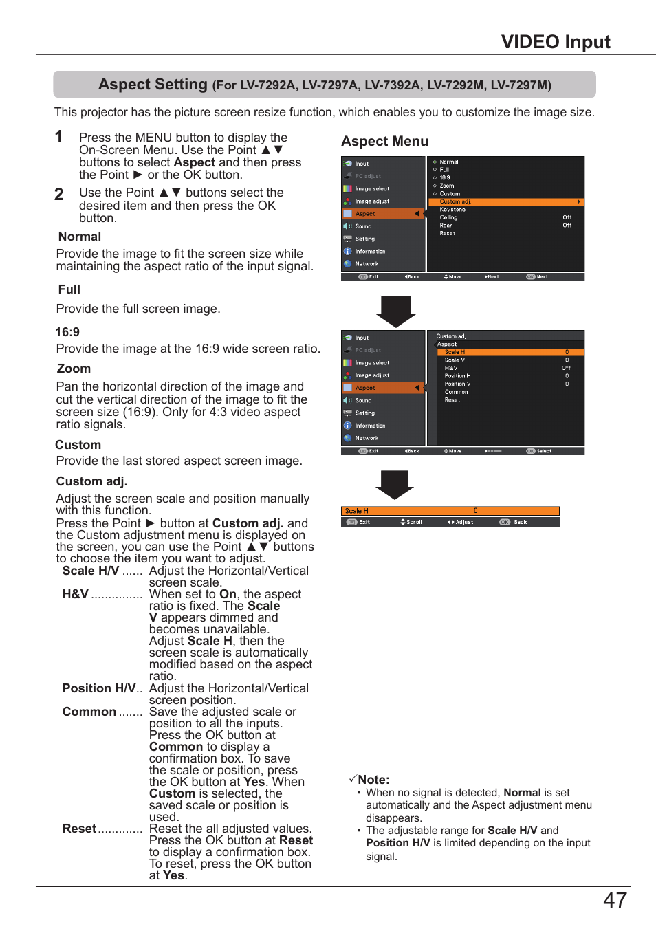 Aspect setting, For lv-7292a, lv-7297a, lv-7392a, Lv-7292m, lv-7297m) | Video input | Canon LV-7392A User Manual | Page 47 / 84