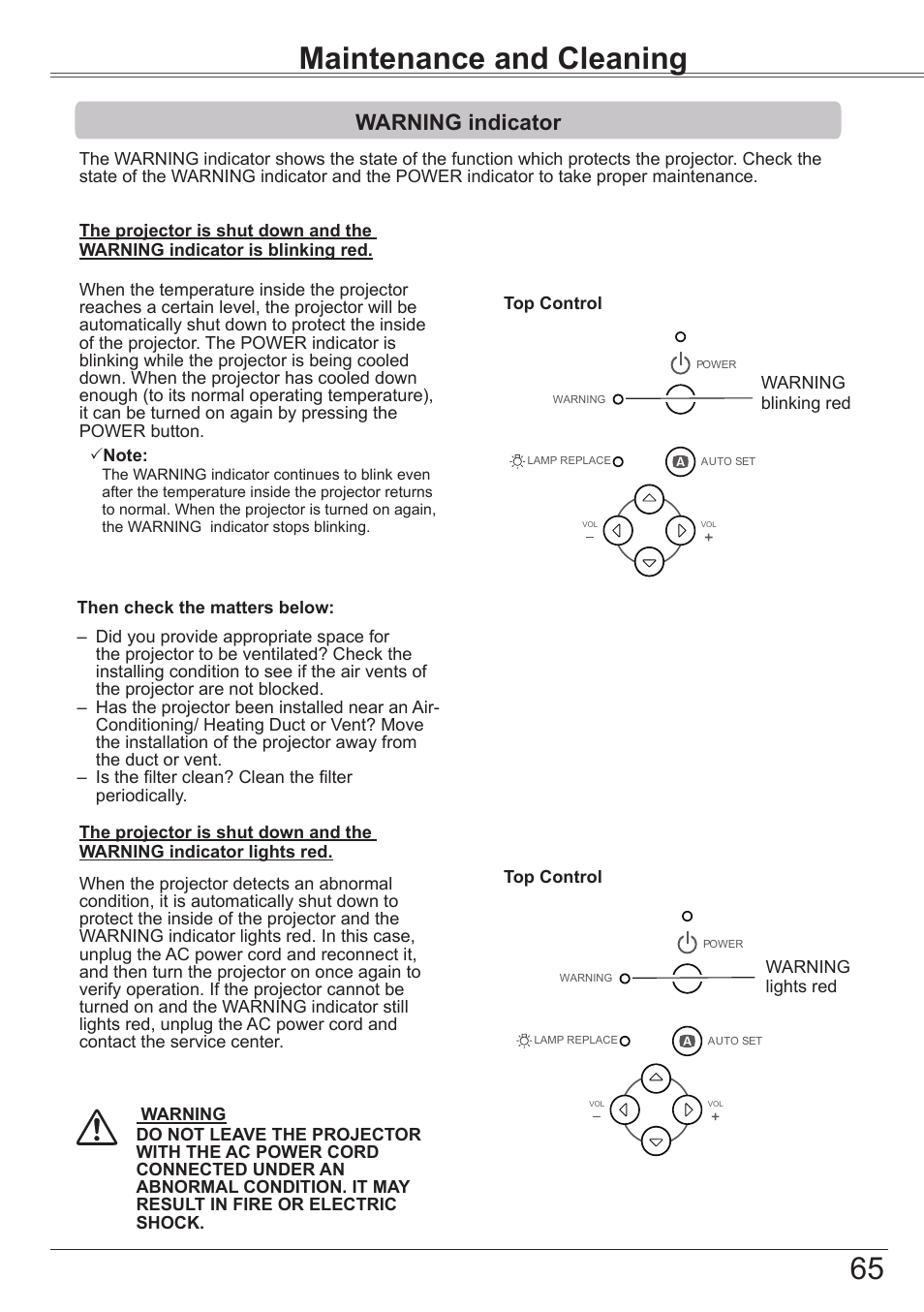 Maintenance and cleaning, Warning indicator | Canon LV-7392A User Manual | Page 65 / 84