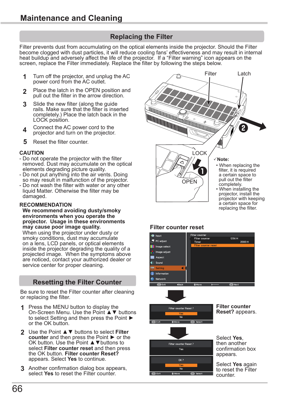 Replacing the filter, Resetting the filter counter, Maintenance and cleaning | 12 resetting the filter counter, 3replacing the filter | Canon LV-7392A User Manual | Page 66 / 84