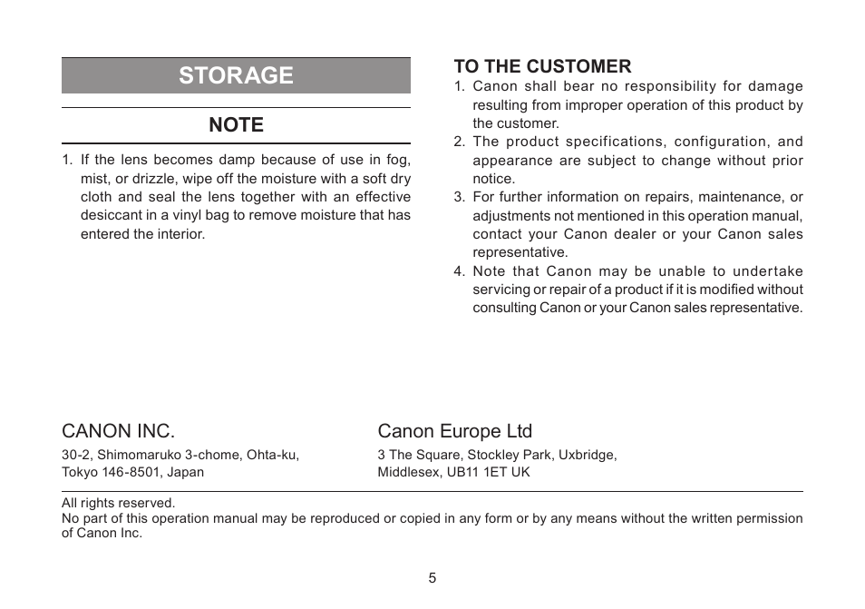 Storage, Canon inc, Canon europe ltd | Canon CN-E35mm T1.5 L F User Manual | Page 19 / 52