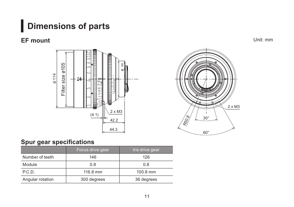 Dimensions of parts, Ef mount spur gear specifications, Unit: mm fi lte r s ize ø 10 5 | Canon CN-E35mm T1.5 L F User Manual | Page 25 / 52