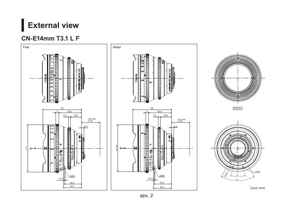 External view, Cn-e14mm t3.1 l f, Apx. 2 apx. 3 | Unit: mm) meter feet | Canon CN-E35mm T1.5 L F User Manual | Page 42 / 52