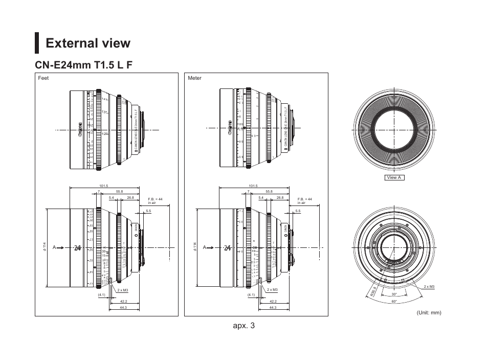 External view, Cn-e24mm t1.5 l f, Apx. 2 apx. 3 | Unit: mm) meter, Feet | Canon CN-E35mm T1.5 L F User Manual | Page 43 / 52