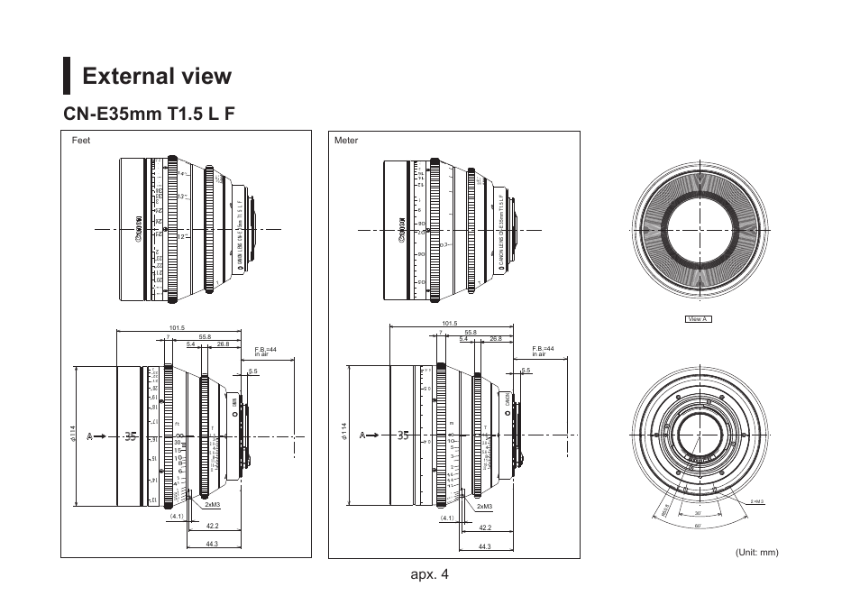 External view, Cn-e35mm t1.5 l f, Apx. 4 apx. 5 | Unit: mm) meter feet (unit: mm) meter feet | Canon CN-E35mm T1.5 L F User Manual | Page 44 / 52