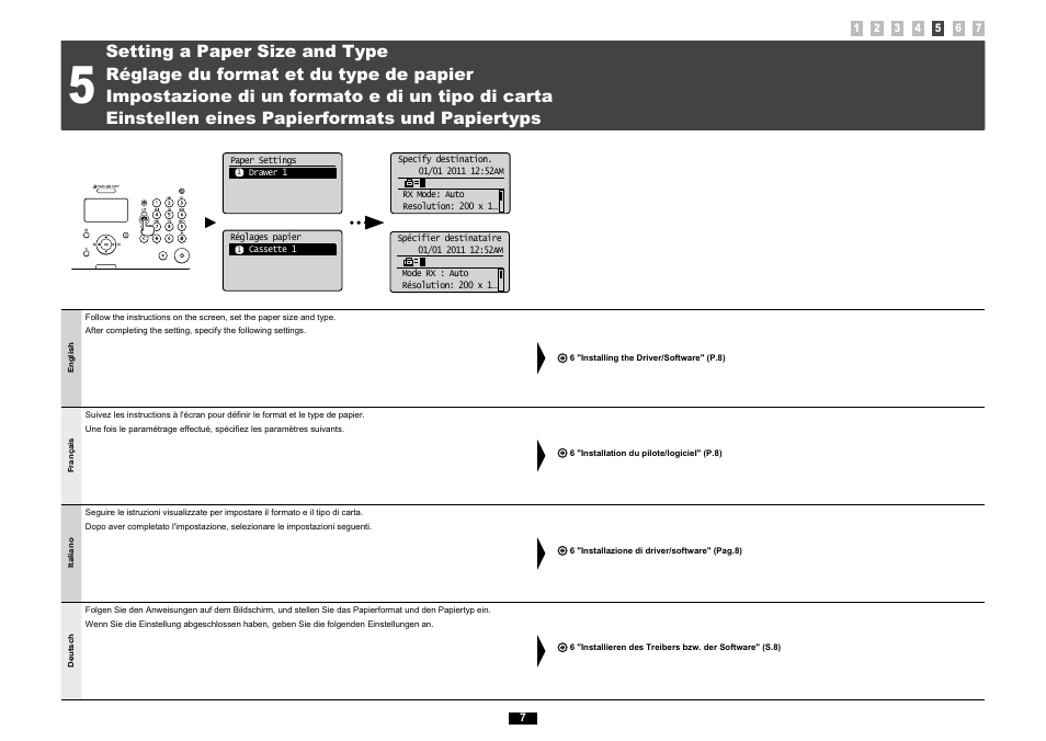 5 "setting a paper size and, Type" (p.7), 5 "réglage du format et du type | De papier" (p.7), 5 "impostazione di un formato e, Di un tipo di carta" (pag.7), 5 "einstellen eines, Papierformats und papiertyps" (s.7) | Canon i-SENSYS FAX-L170 User Manual | Page 14 / 248