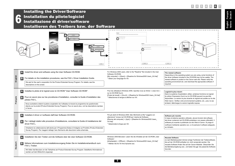 6 "installing the driver/software" (p.8), 6 "installation du pilote/logiciel" (p.8), 6 "installazione di driver/software" (pag.8) | Canon i-SENSYS FAX-L170 User Manual | Page 15 / 248