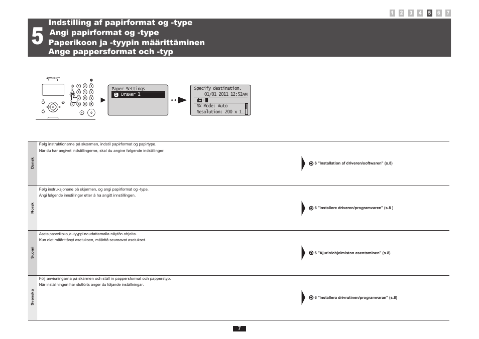 5 "indstilling af papirformat og -type" (s .7), Angi papirformat og -type" (s .7 ), Paperikoon ja -tyypin määrittäminen" (s .7) | Ange pappersformat och -typ" (s .7) | Canon i-SENSYS FAX-L170 User Manual | Page 64 / 248