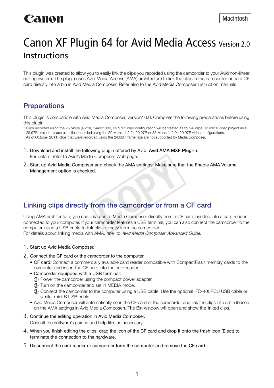 Canon XF305 User Manual | 2 pages