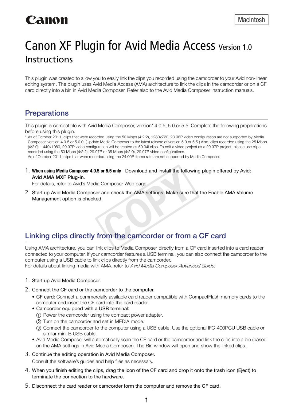 Canon XF305 User Manual | 2 pages