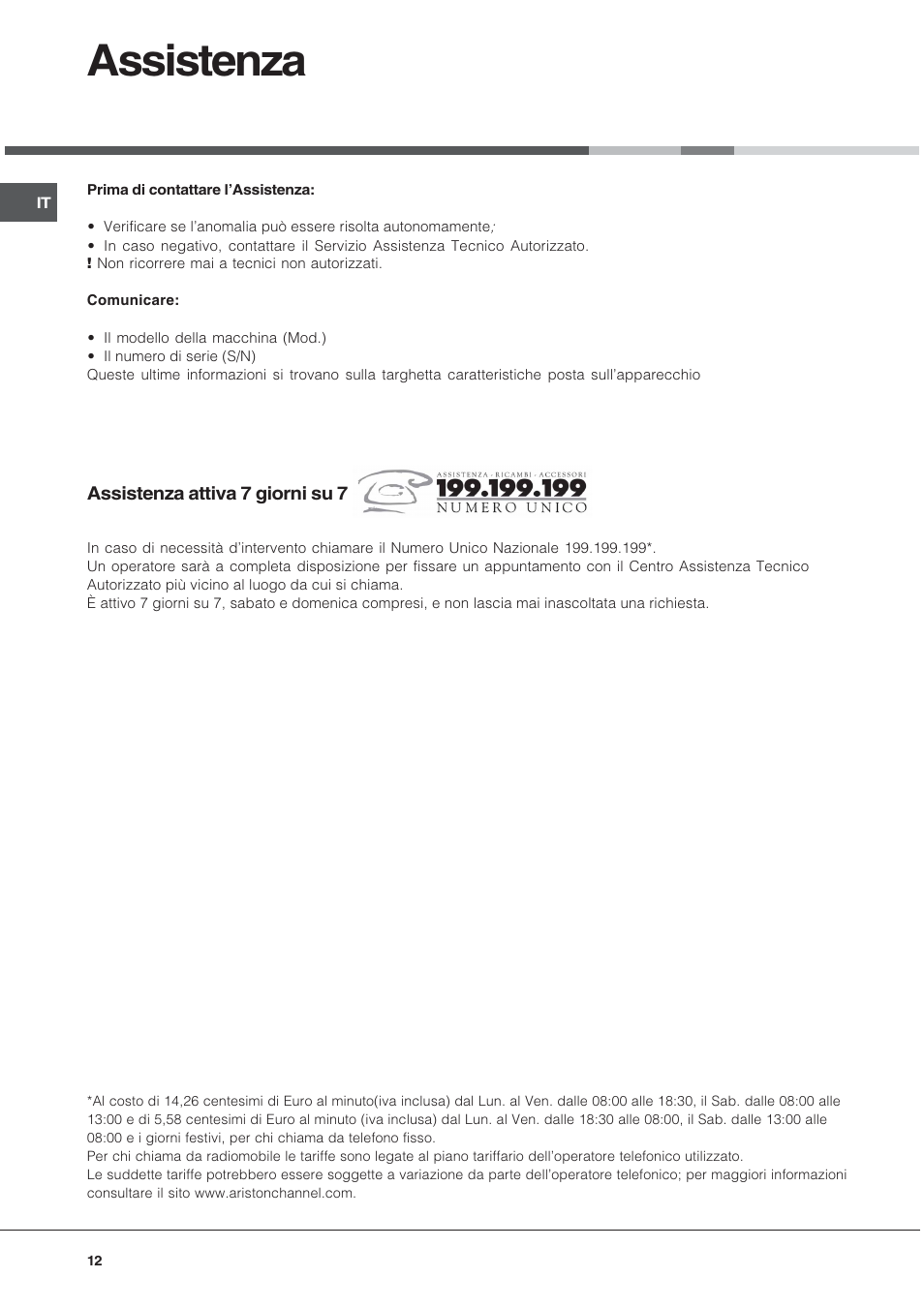 Assistenza | Hotpoint Ariston Style FH 82 C IX-HA User Manual | Page 12 / 68