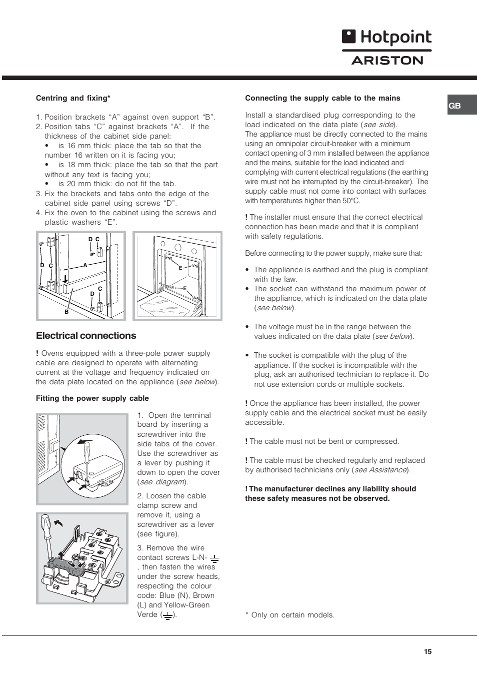 Electrical connections | Hotpoint Ariston Style FH 82 C IX-HA User Manual | Page 15 / 68