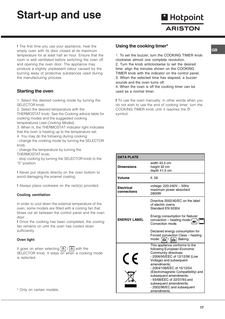 Start-up and use, Starting the oven, Using the cooking timer | Hotpoint Ariston Style FH 82 C IX-HA User Manual | Page 17 / 68