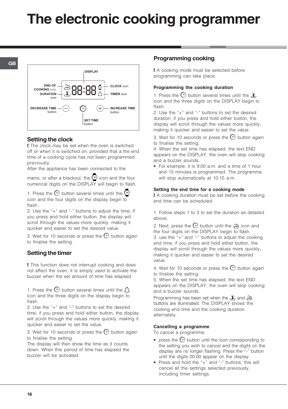The electronic cooking programmer, Setting the clock, Setting the timer | Programming cooking | Hotpoint Ariston Style FH 82 C IX-HA User Manual | Page 18 / 68