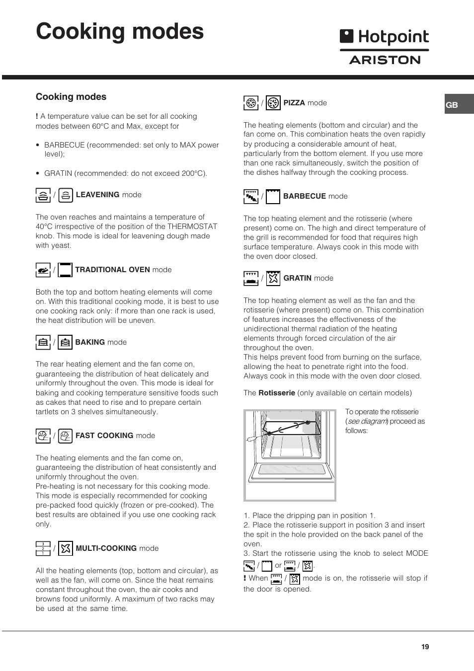 Cooking modes | Hotpoint Ariston Style FH 82 C IX-HA User Manual | Page 19 / 68