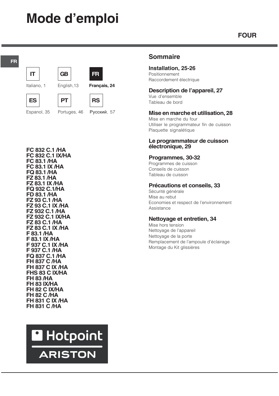 Mode demploi, Sommaire, Four | Hotpoint Ariston Style FH 82 C IX-HA User Manual | Page 24 / 68