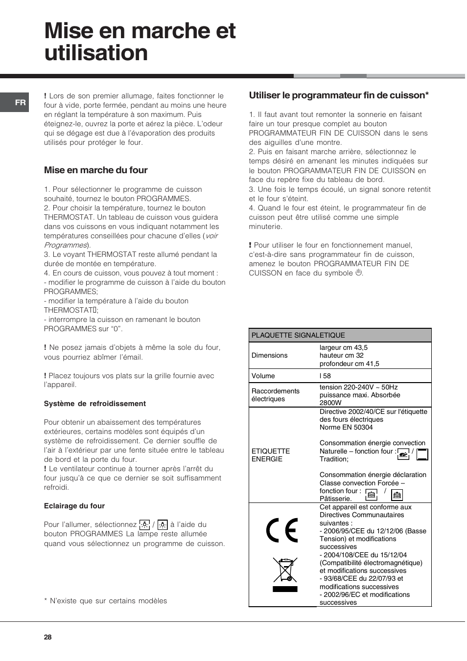 Mise en marche et utilisation | Hotpoint Ariston Style FH 82 C IX-HA User Manual | Page 28 / 68