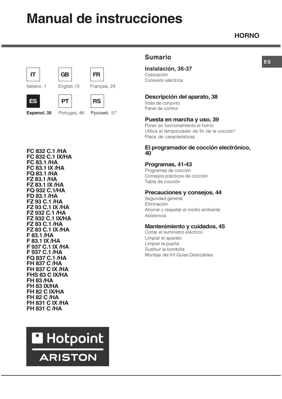 Manual de instrucciones, Sumario, Horno | Hotpoint Ariston Style FH 82 C IX-HA User Manual | Page 35 / 68