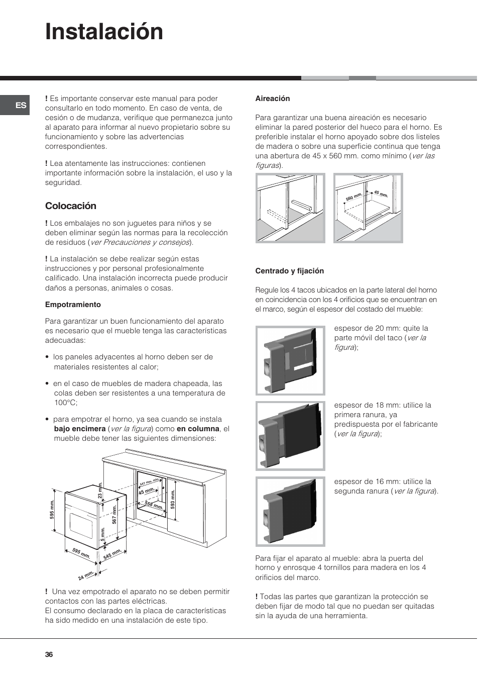 Instalación, Colocación | Hotpoint Ariston Style FH 82 C IX-HA User Manual | Page 36 / 68