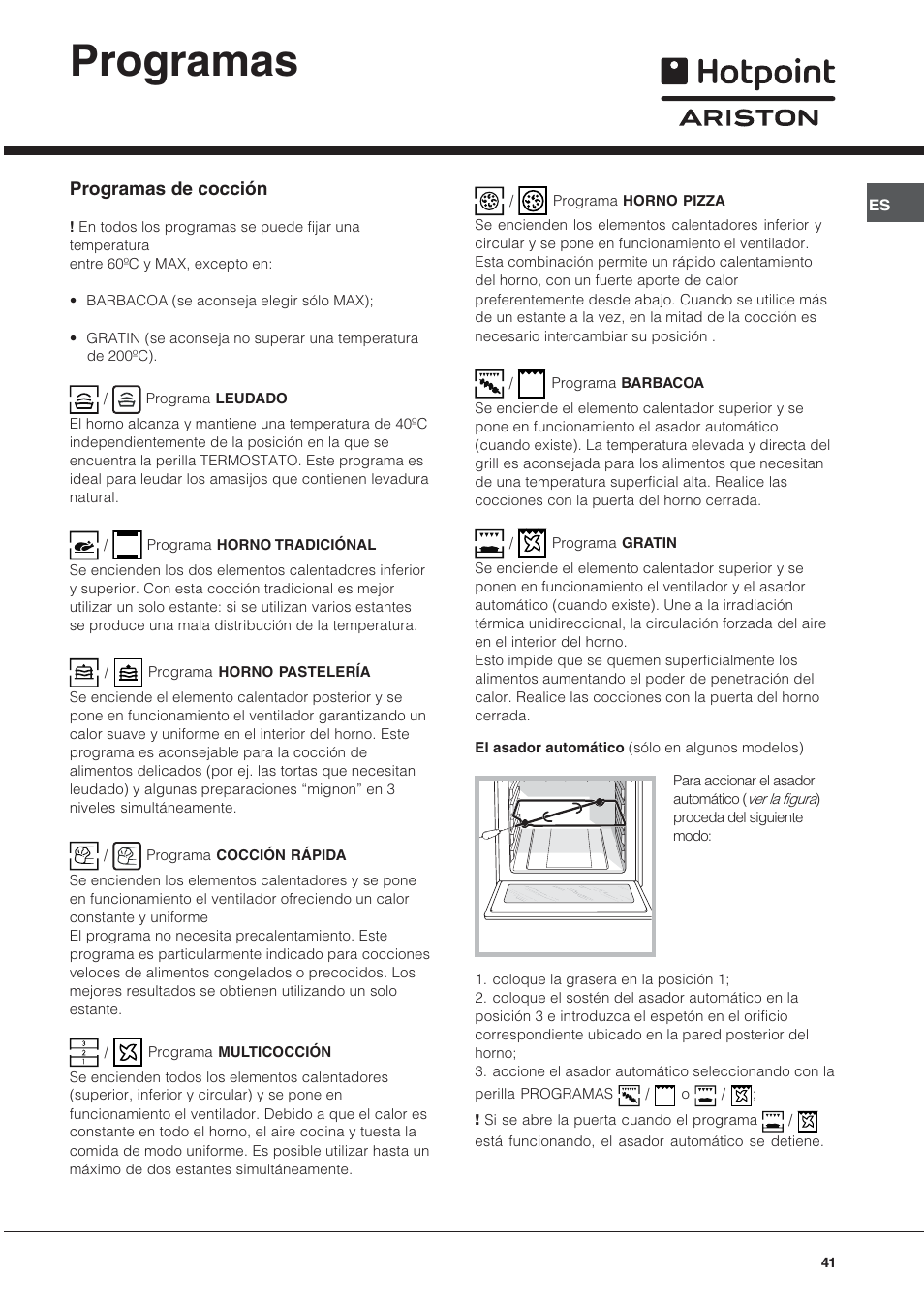 Programas, Programas de cocción | Hotpoint Ariston Style FH 82 C IX-HA User Manual | Page 41 / 68