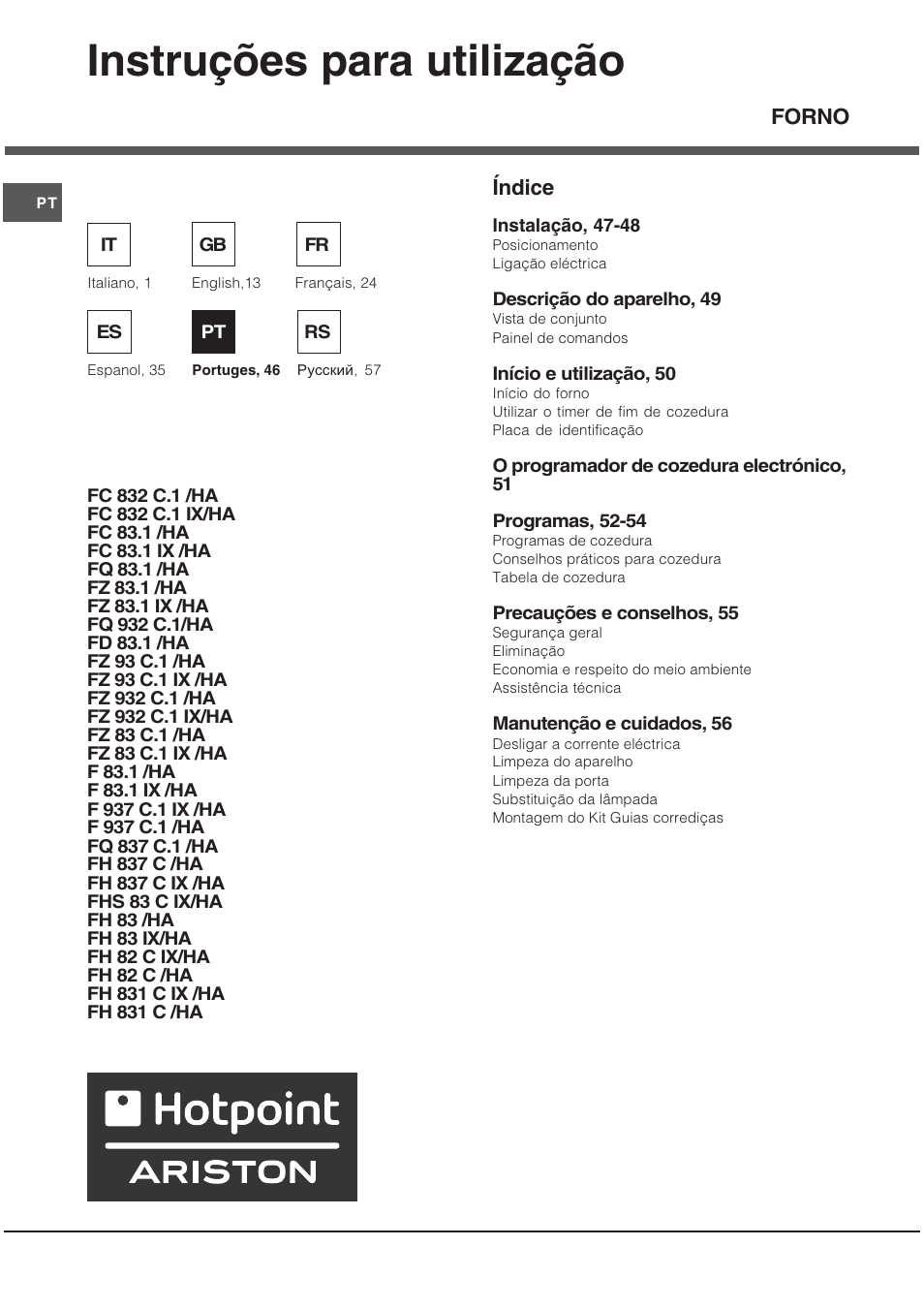 Instruções para utilização, Índice, Forno | Hotpoint Ariston Style FH 82 C IX-HA User Manual | Page 46 / 68