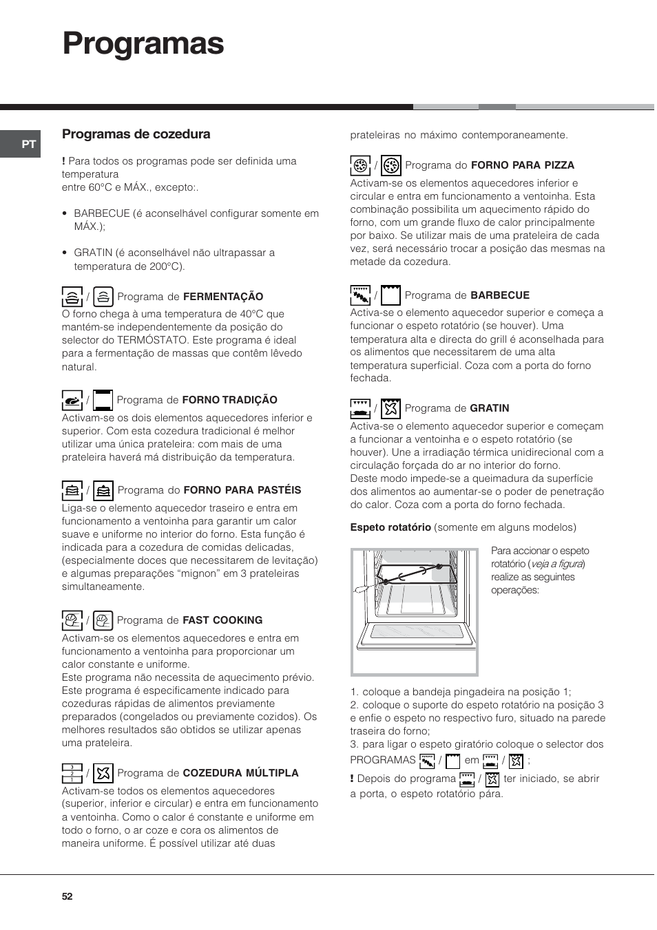 Programas, Programas de cozedura | Hotpoint Ariston Style FH 82 C IX-HA User Manual | Page 52 / 68