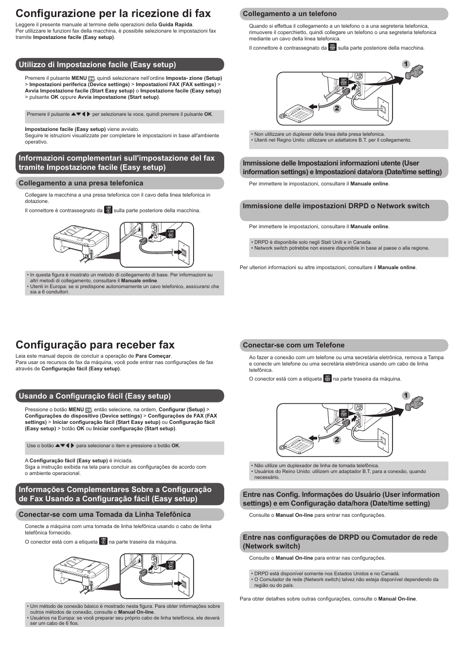 Configuração para receber fax, Configurazione per la ricezione di fax | Canon PIXMA MX525 User Manual | Page 3 / 4