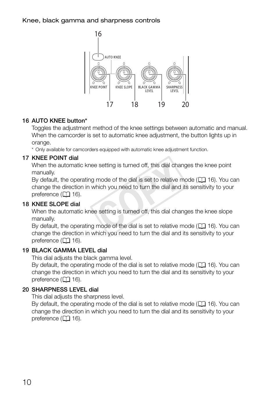 Knee, black gamma and sharpness controls, Cop y | Canon RC-V100 User Manual | Page 10 / 23