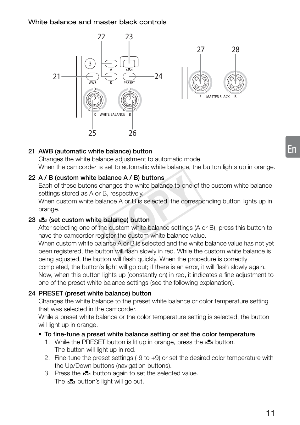 White balance and master black controls, Cop y | Canon RC-V100 User Manual | Page 11 / 23