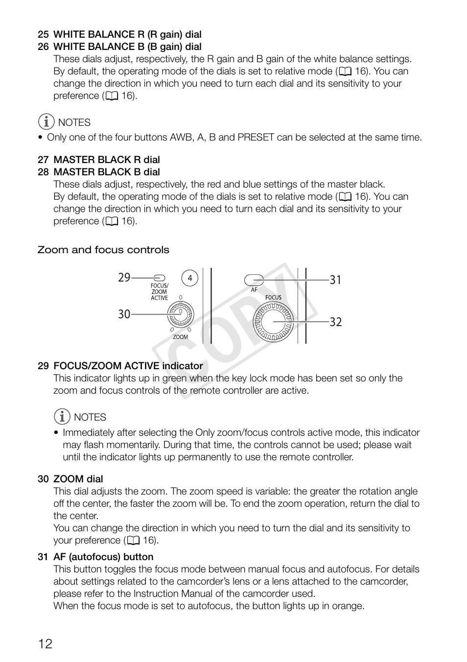 Zoom and focus controls, Cop y | Canon RC-V100 User Manual | Page 12 / 23