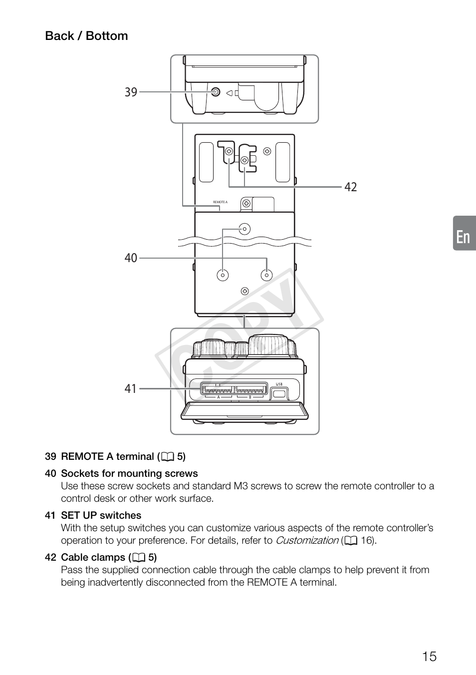 Back / bottom, Cop y | Canon RC-V100 User Manual | Page 15 / 23