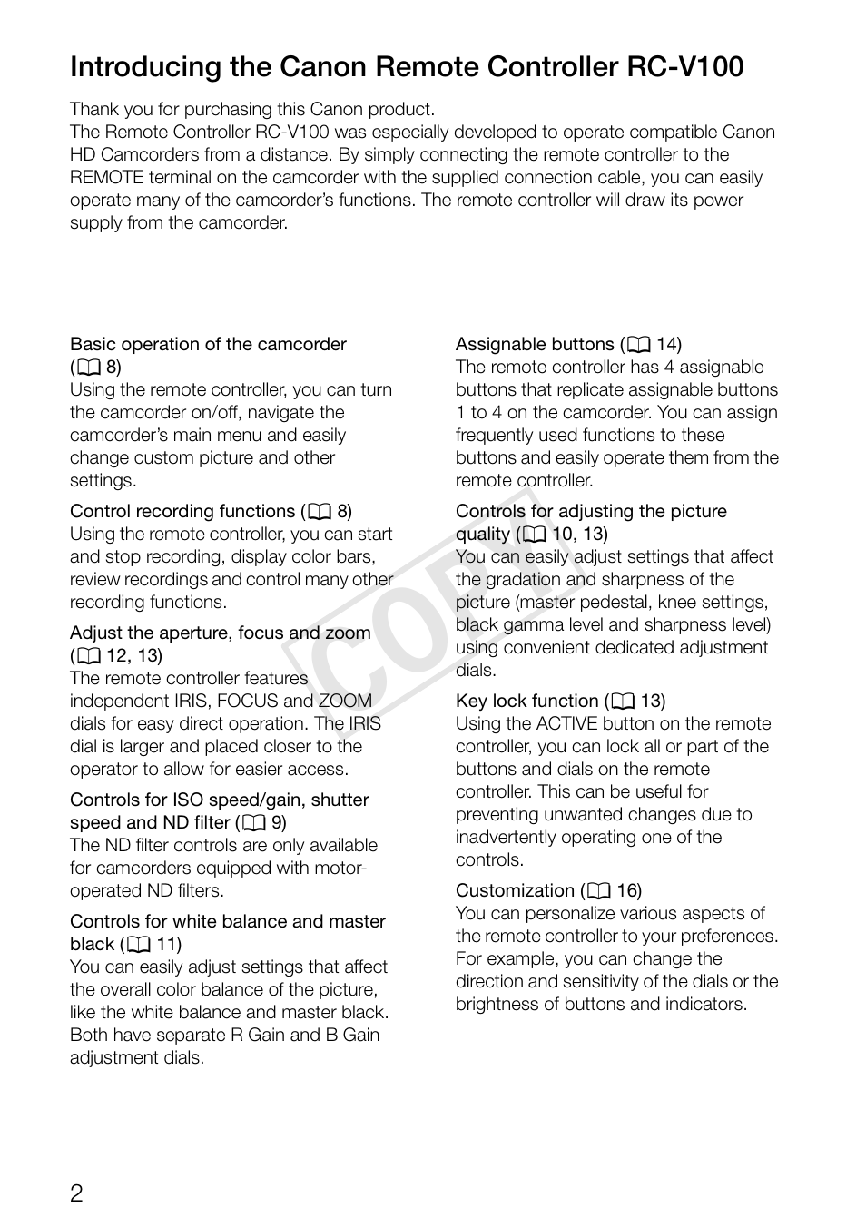 Introducing the canon remote controller rc-v100, Cop y | Canon RC-V100 User Manual | Page 2 / 23