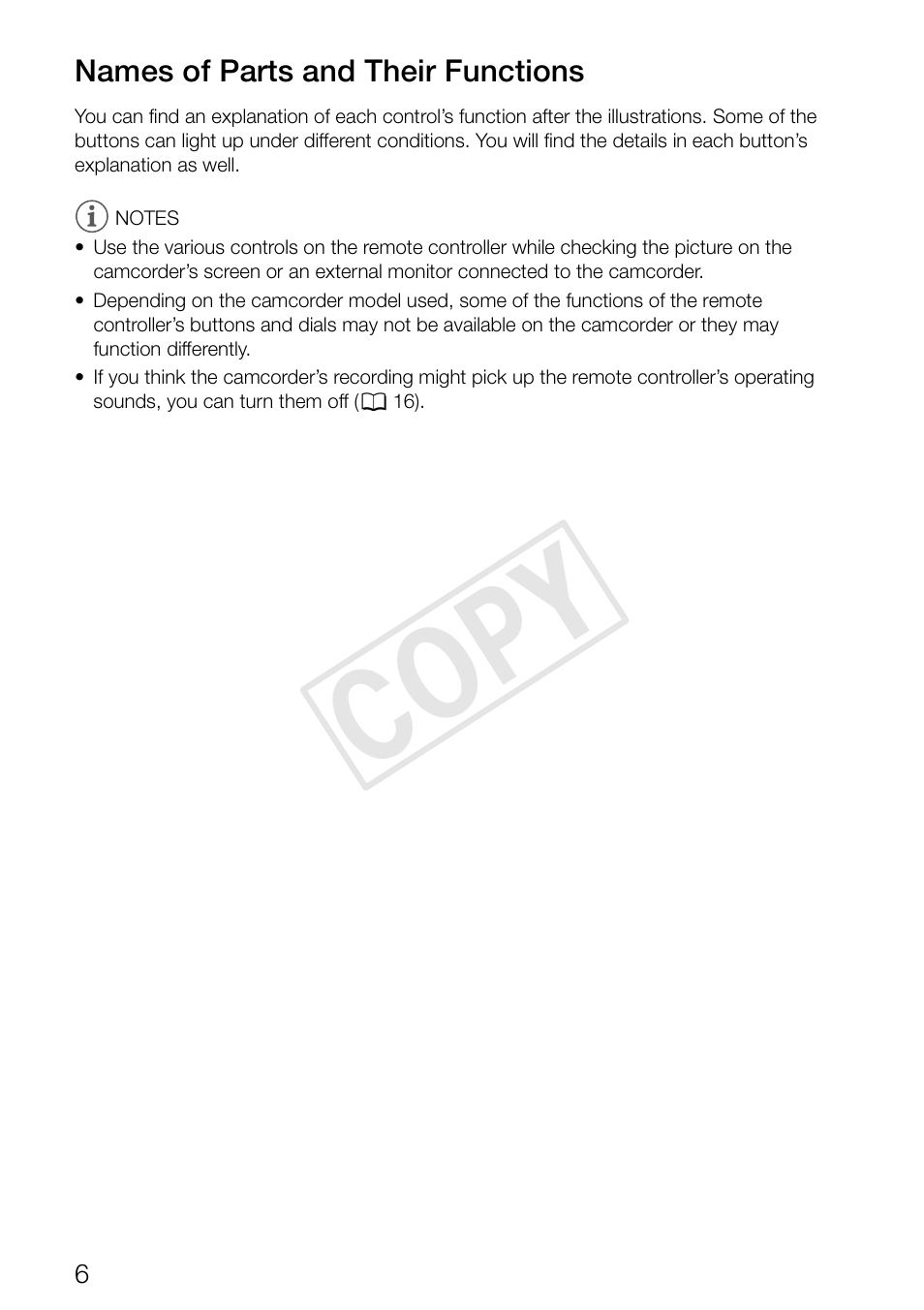 Names of parts and their functions, Cop y | Canon RC-V100 User Manual | Page 6 / 23