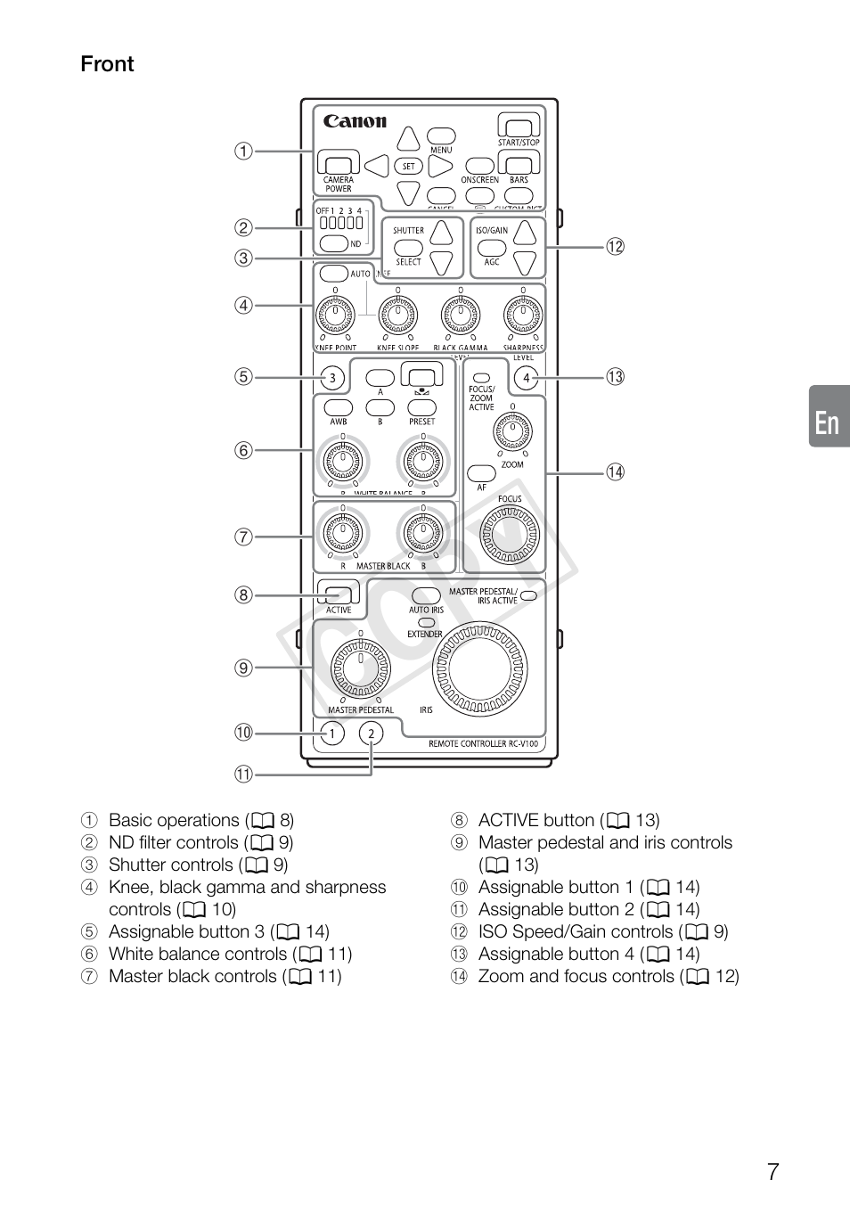 Front, Cop y | Canon RC-V100 User Manual | Page 7 / 23