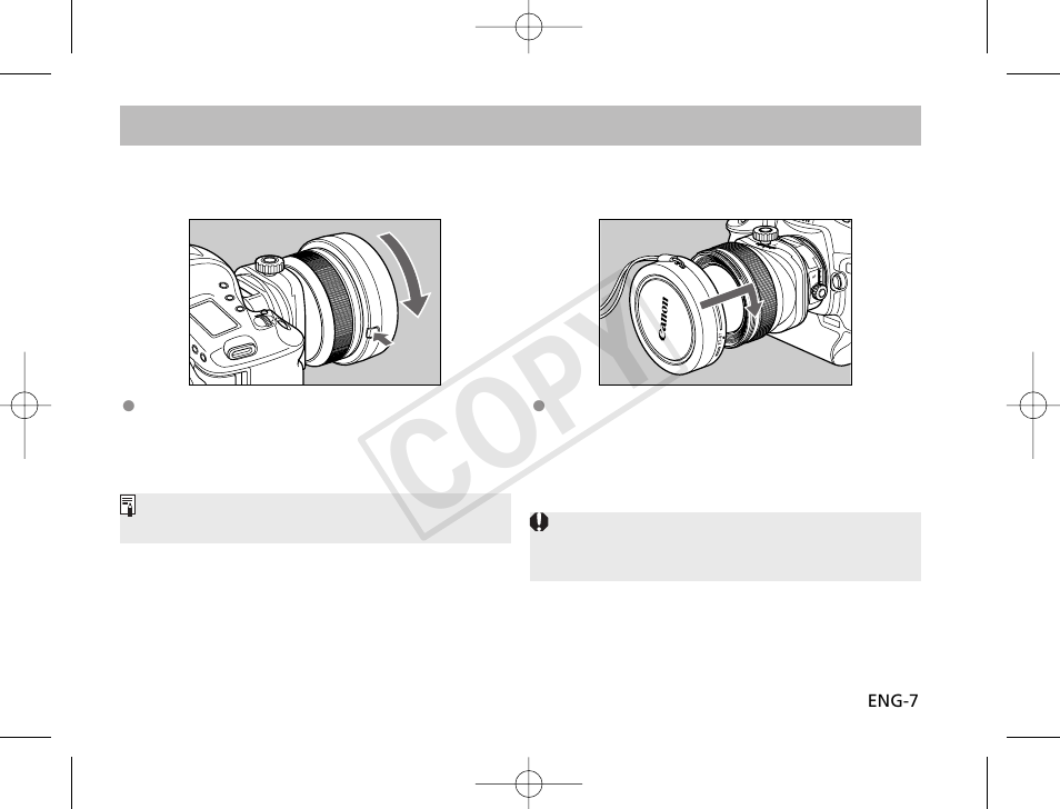 Cop y, Mounting/removing the lens cap | Canon TS-E 24mm f3.5L II User Manual | Page 8 / 23