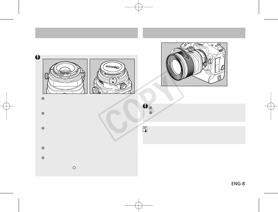 Cop y, Mounting and detaching the lens, Focusing | Canon TS-E 24mm f3.5L II User Manual | Page 9 / 23