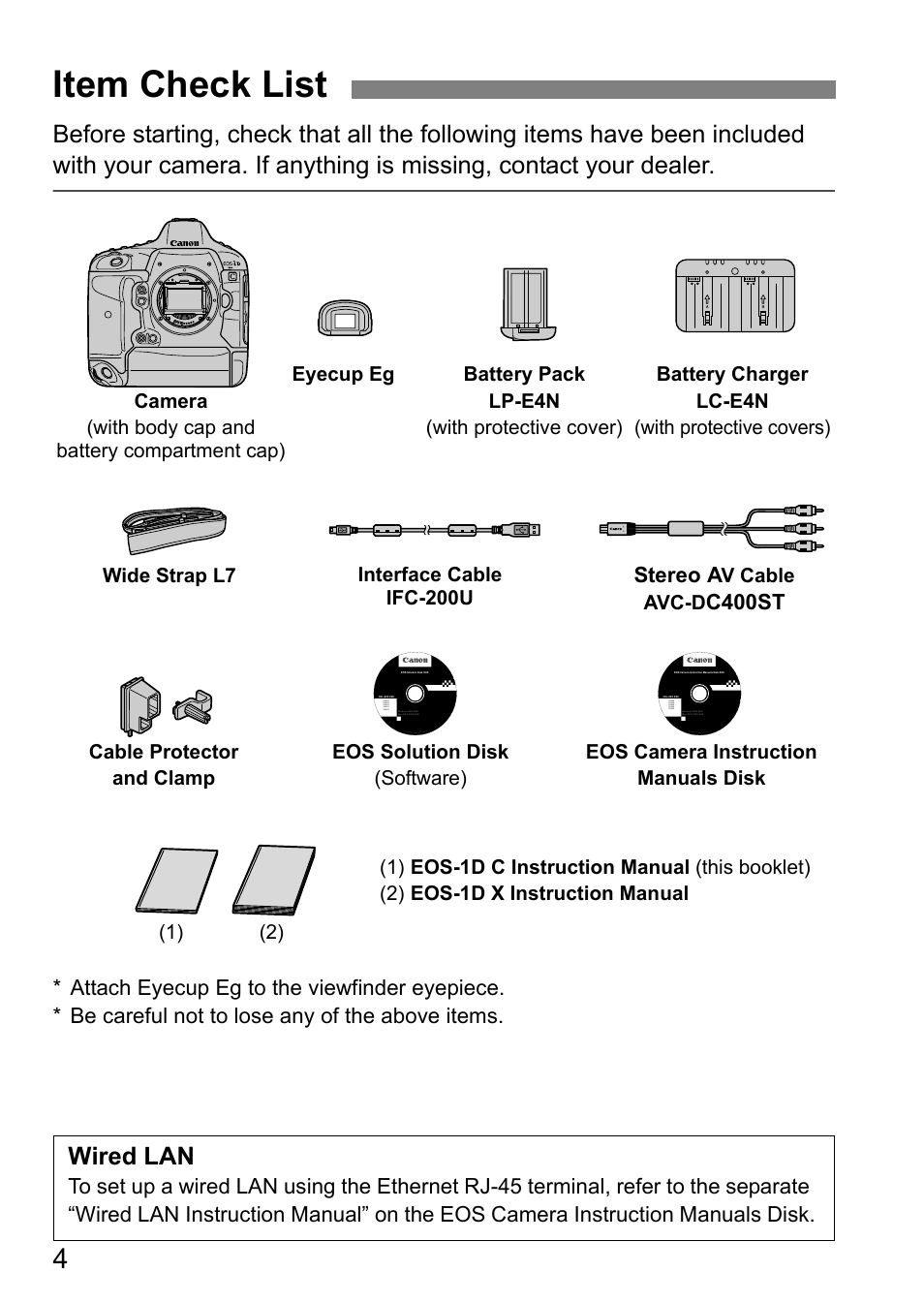 Item check list, Wired lan, Stereo a | C400st, V cable avc-d | Canon EOS-1D C User Manual | Page 4 / 100