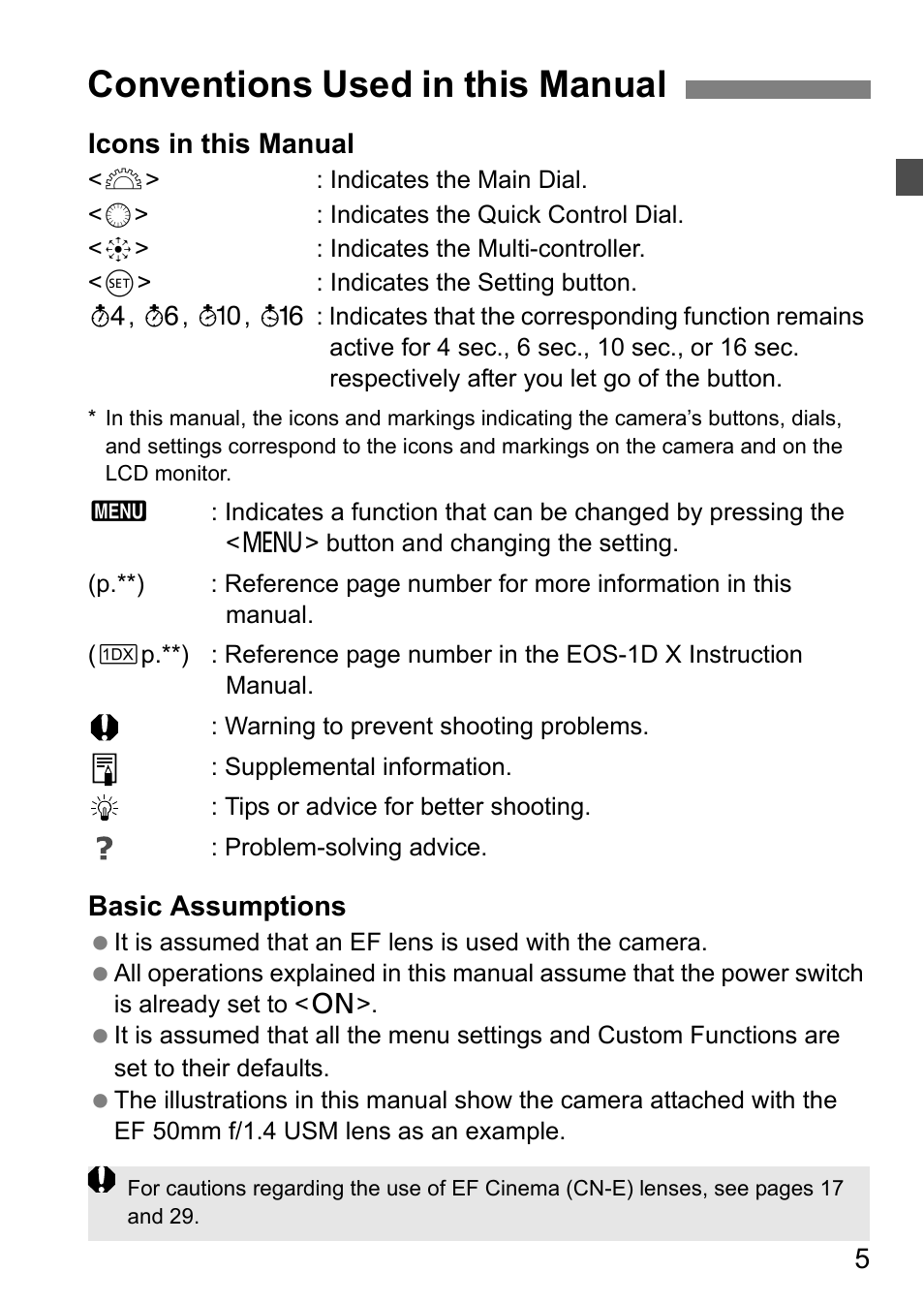 Conventions used in this manual, 5icons in this manual, Basic assumptions | Canon EOS-1D C User Manual | Page 5 / 100