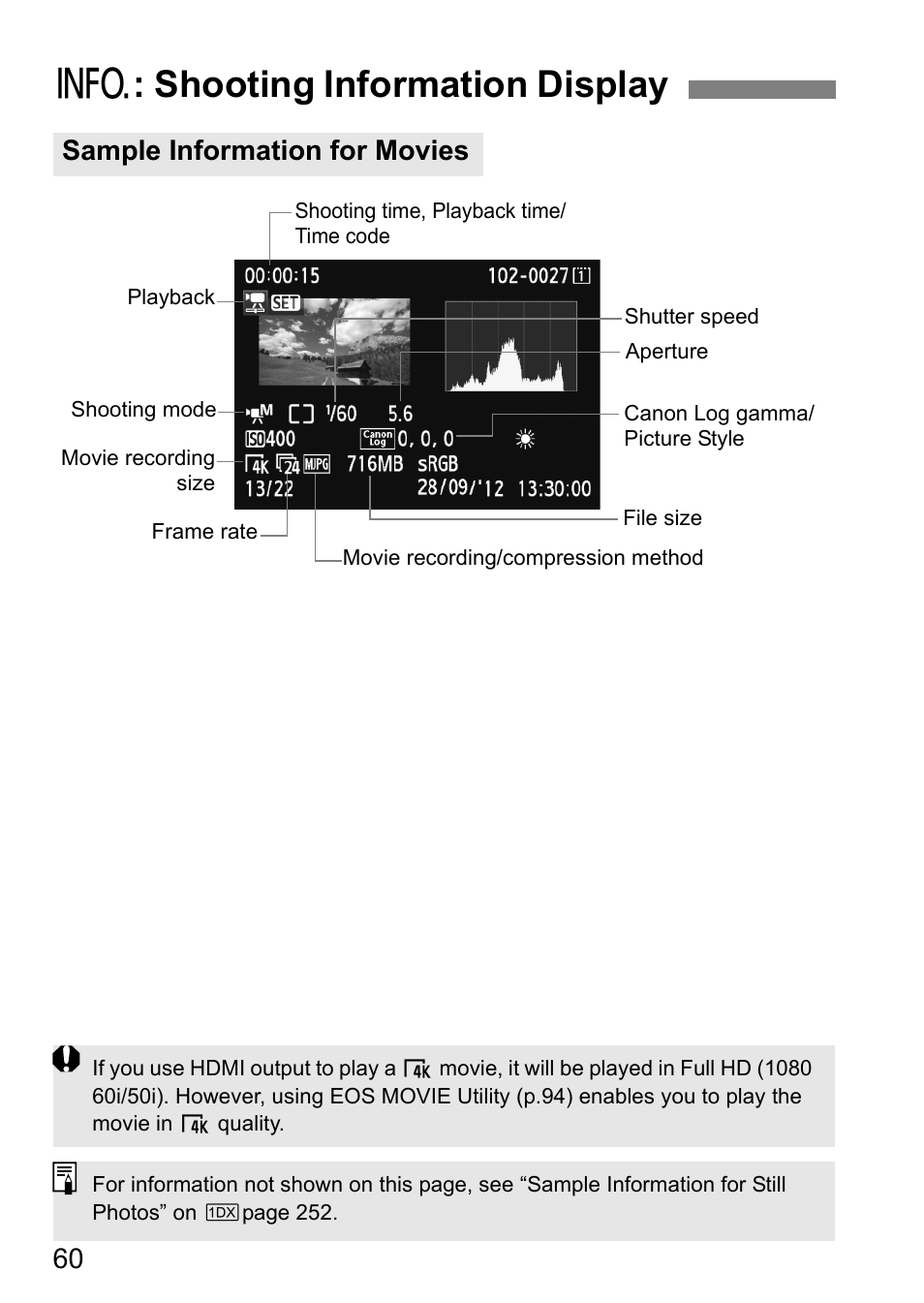 B : shooting information display, Sample information for movies | Canon EOS-1D C User Manual | Page 60 / 100